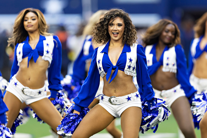 Dallas Cowboys cheerleaders performing before a game.
