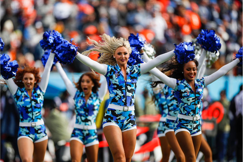 Tennessee Titans cheerleaders perform during a timeout against the Denver Broncos.