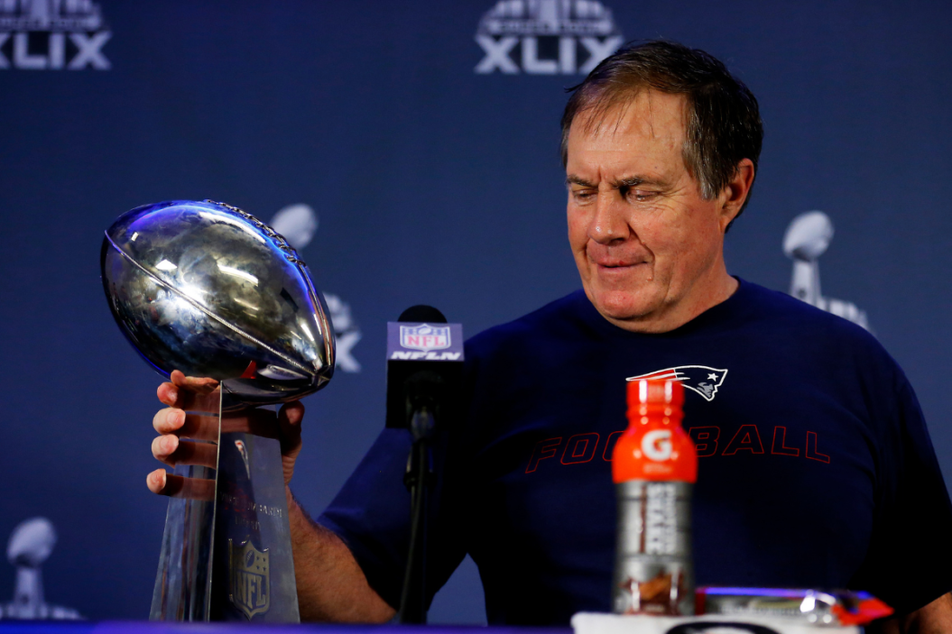 Head Coach Bill Belichick of the New England Patriots talks to the media after winning Super Bowl XLIX 28-24 against the Seattle Seahawk