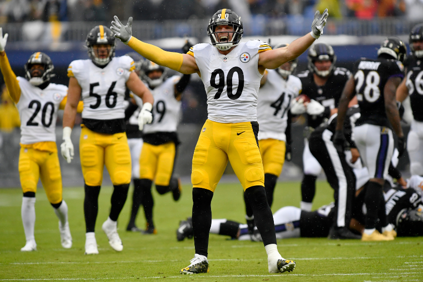 Pittsburgh linebacker T.J. Watt (90) celebrates after a first quarter sack during the Pittsburgh Steelers versus Baltimore Ravens National Football League game
