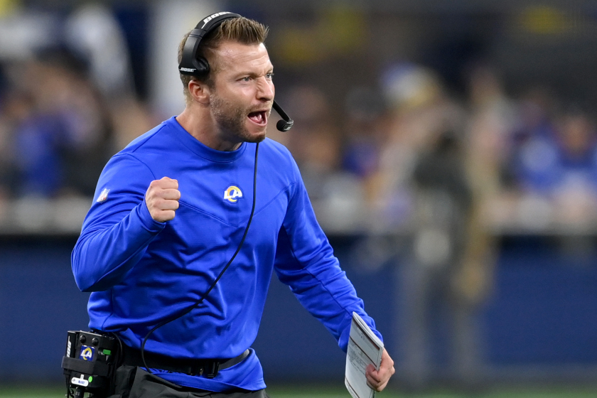 Head coach Sean McVay of the Los Angeles Rams celebrates after a field goal in the fourth quarter of the game against the Seattle Seahawks