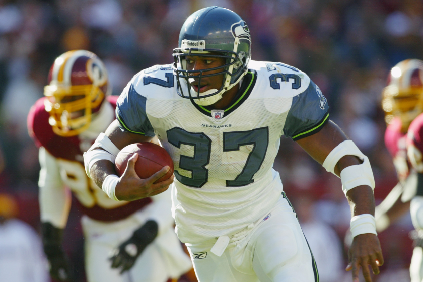 Running back Shaun Alexander #37 of the Seattle Seahawks runs the football during the game against the Washington Redskins