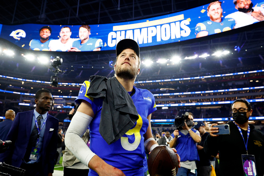 Matthew Stafford #9 of the Los Angeles Rams reacts after defeating the San Francisco 49ers in the NFC Championship Game at SoFi Stadium