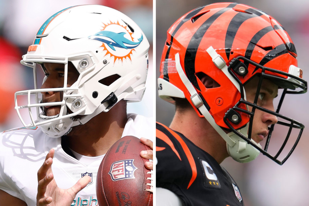 Tua Tagovailoa #1 of the Miami Dolphins looks to pass against the Atlanta Falcons, Joe Burrow #9 of the Cincinnati Bengals looks donw field against the New York Jets