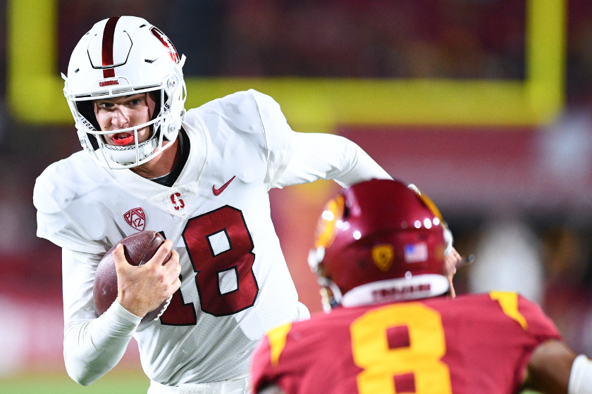 Stanford Cardinal quarterback Tanner McKee (18) runs up field during a college football game between the Stanford Cardinal and the USC Trojans