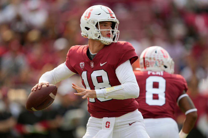 Tanner McKee #18 of the Stanford Cardinal drops back to pass against the UCLA Bruins during the first quarter of an NCAA football game