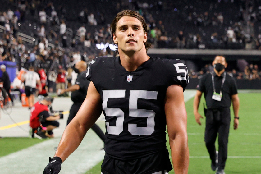 Linebacker Tanner Muse #55 of the Las Vegas Raiders walks off the field after the team's 20-7 victory over the Seattle Seahawks