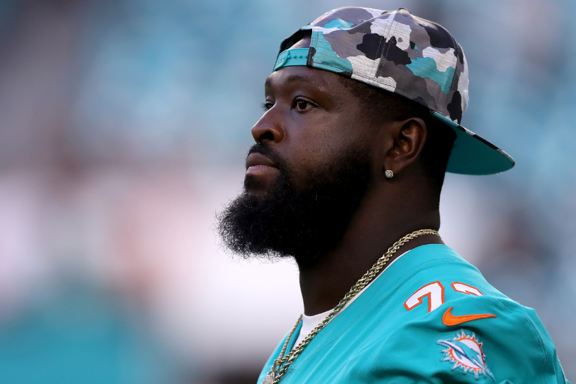 Terron Armstead #72 of the Miami Dolphins looks on during a game against the Las Vegas Raiders 