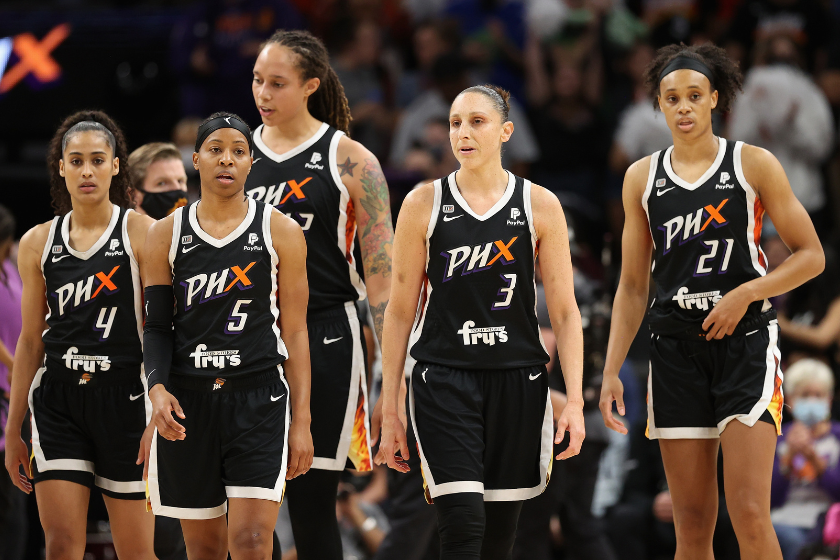  Skylar Diggins-Smith #4, Shey Peddy #5, Brittney Griner #42, Diana Taurasi #3 and Brianna Turner #21 of the Phoenix Mercury walk down the court during the second half in Game Two of the 2021 WNBA Finals against the Chicago Sky
