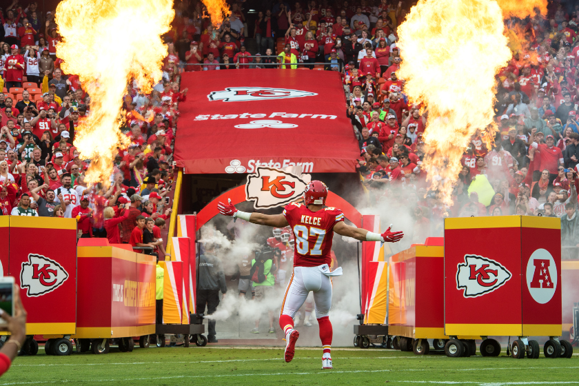 Tight end Travis Kelce #87 of the Kansas City Chiefs is introduced to the fans before the game against the New York Jets at Arrowhead Stadium