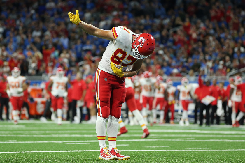 Travis Kelce #87 of the Kansas City Chiefs celebrates a third quarter touchdown during the game against the Detroit Lions