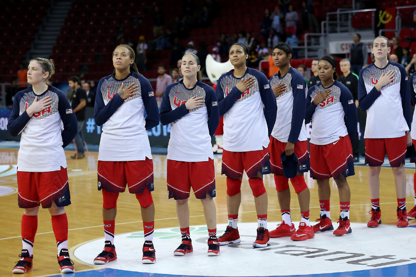 Players of USA national women basketball team are seen on the photo before the 2014 FIBA World Championship For Women Group D basketball match between USA and China