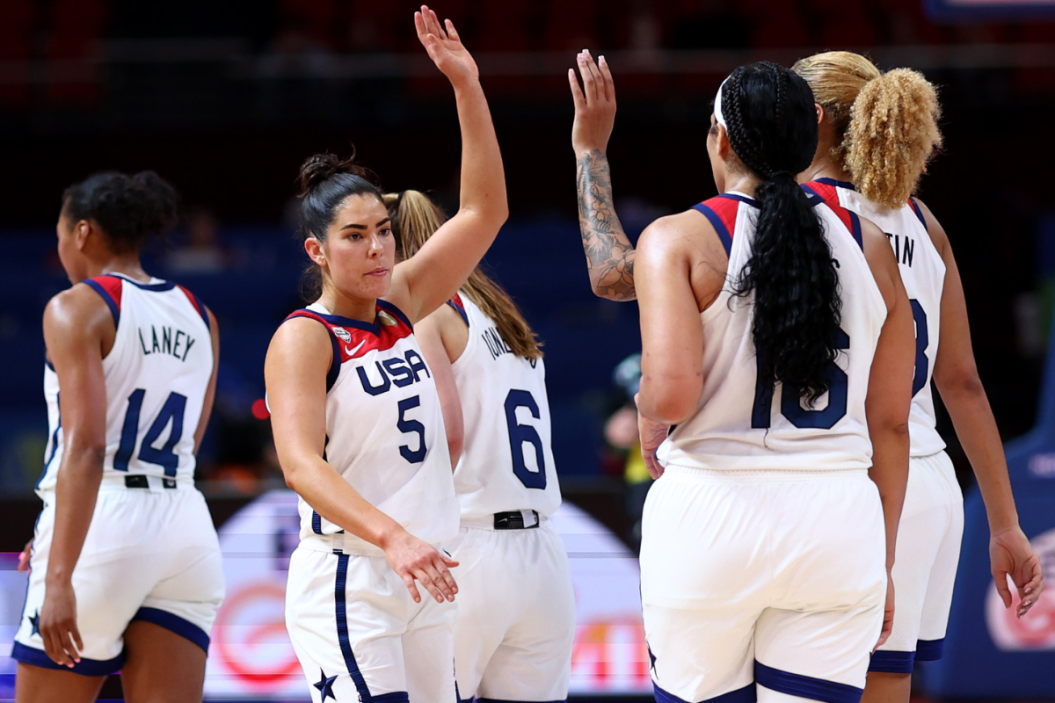 Kelsey Plum of the United States celebrates with team mates after victory during the 2022 FIBA Women's Basketball World Cup Group A match between USA and Bosnia & Herzegovina