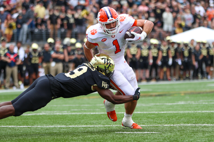 Will Shipley (1) of the Clemson Tigers runs the ball during a football game between the Wake Forest Demon Deacons and the Clemson Tigers