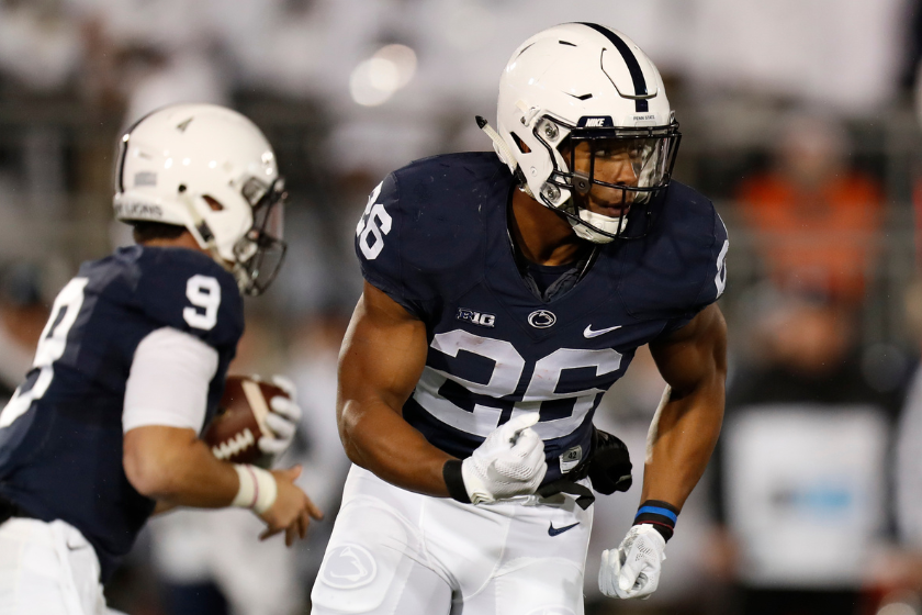 Saquon Barkley #26 of the Penn State Nittany Lions in action against the Ohio State Buckeyes at Beaver Stadium