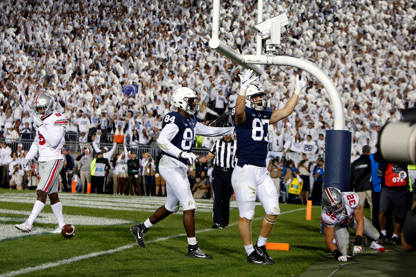 Pat Freiermuth #87 of the Penn State Nittany Lions celebrates after catching a 2 yard touchdown pass in the fourth quarter against the Ohio State Buckeyes