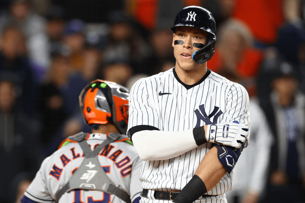 Aaron Judge #99 of the New York Yankees reacts after striking out to end the sixth inning against the Houston Astros in game four of the American League Championship Series