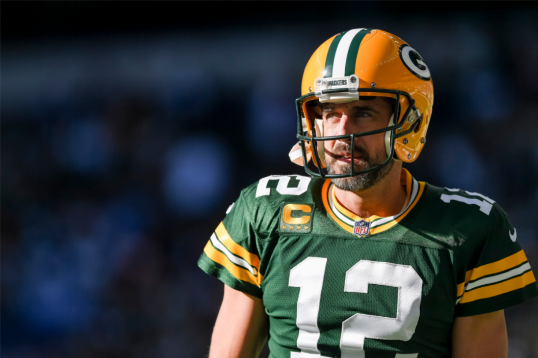 Aaron Rodgers looks on while playing.
