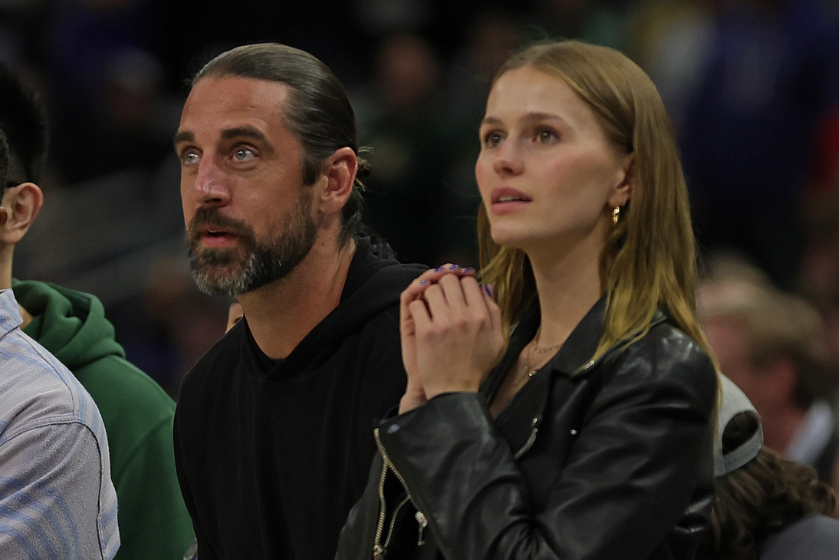 Aaron Rodgers and Mallory Edens watch Game Two of the Eastern Conference First Round Playoffs between the Milwaukee Bucks and the Chicago Bulls at Fiserv Forum on April 20, 2022 
