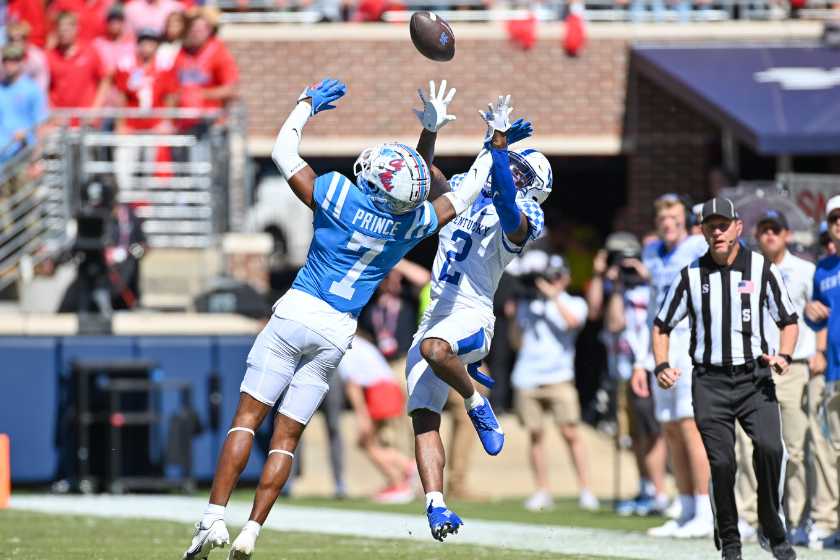 Kentucky wide receiver Barion Brown (2) goes up for a pass as Ole' Miss cornerback Deantre Prince (7) attempts to intercept