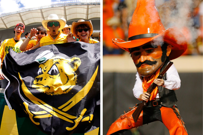 Big Ten Big Shots: Baylor Fans with a Baylor Flag and Pistol Pete of Oklahoma State