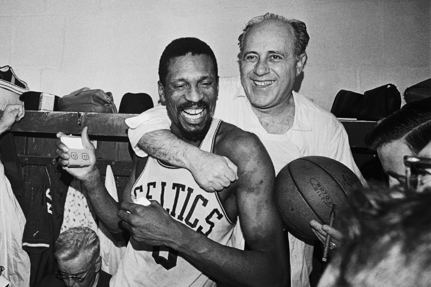 Red Auerbach who coached his last Celtic's game that won their 8th straight NBA playoff championship by beating the Lakers 95-93 at the Boston Garden with Bill Russell