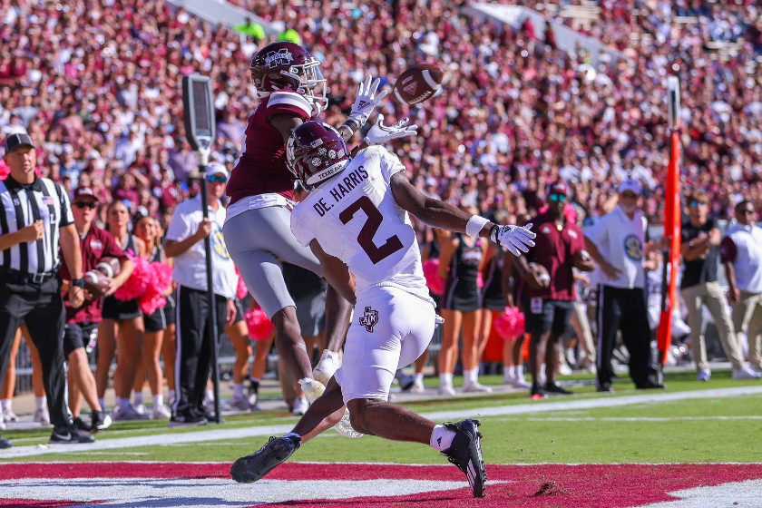 Mississippi State Bulldogs wide receiver Caleb Ducking (4) catches a touchdown pass during the game between the Mississippi State Bulldogs and the Texas A&M Aggies
