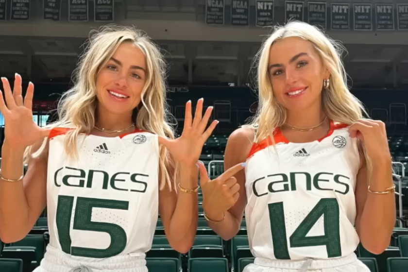 The Cavinder Twins show off their Miami Hurricanes uniforms on media day