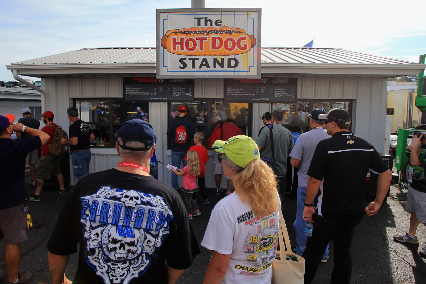 Fans gather around the Hot Dog stand for sliders prior to the 2016 Goody's Fast Relief 500 at Martinsville Speedway