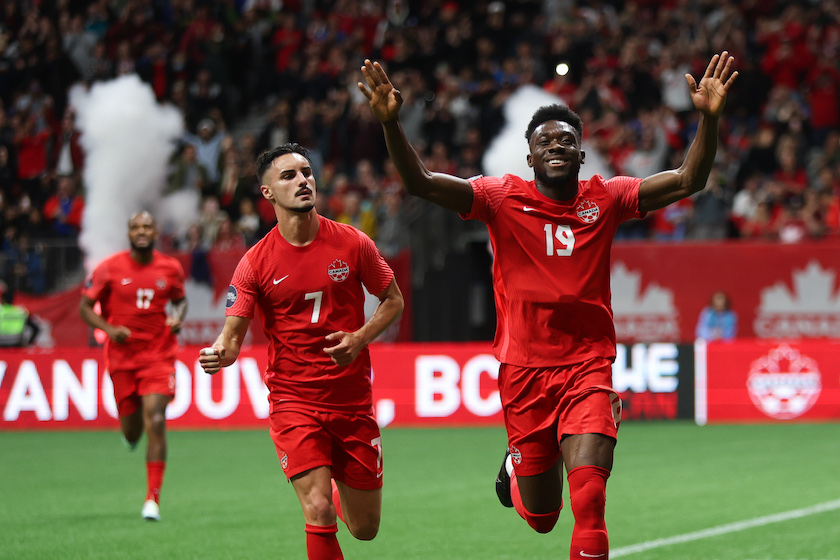 VANCOUVER, BC - JUNE 09: Alphonso Davies of Canada celebrates after scoring a goal to make it 1-0 during the Canada v Curacao CONCACAF Nations League Group C match at BC Place on June 9, 2022 in Vancouver, Canada. (Photo by Matthew Ashton - AMA/Getty Images)