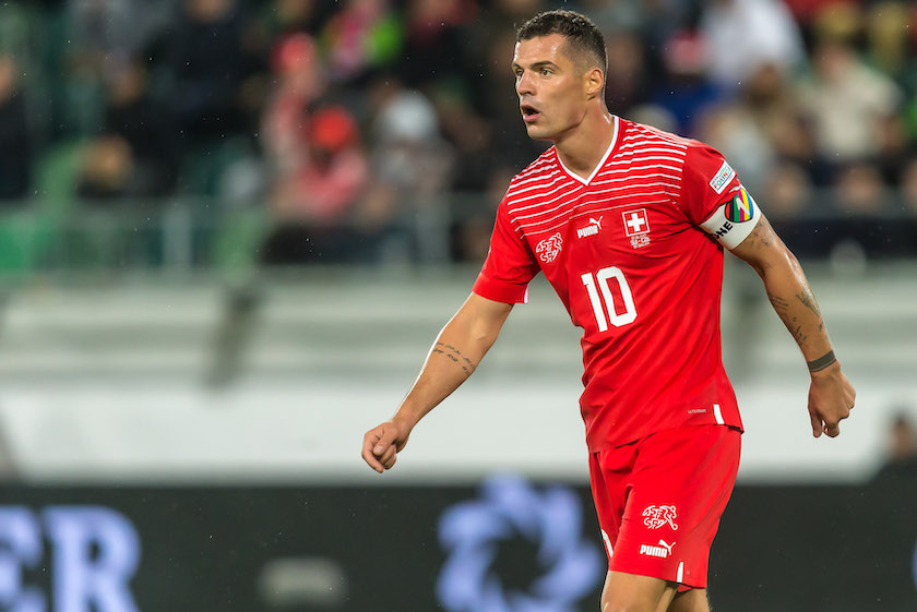 Granit Xhaka of Switzerland Looks on during the UEFA Nations League League A Group 2 match between Switzerland and Czech Republic at Kybunpark on September 27, 2022 in St Gallen, Switzerland.