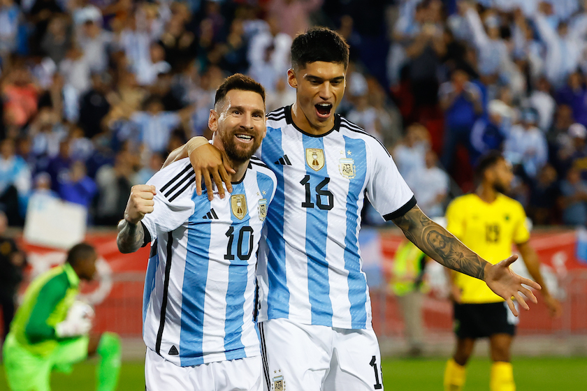 HARRISON, NJ - SEPTEMBER 27: Argentina forward Lionel Messi (10) celebrates with teammate Argentina forward Joaquin Correa (16) after scoring during the international friendly soccer game between Argentina and Jamaica on September 27, 2022 at Red Bull Arena in Harrison, New Jersey. (Photo by Rich Graessle/Icon Sportswire via Getty Images)