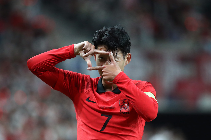 Son Heung-Min of South Korea celebrates after scoring his team's first goal during the South Korea v Cameroon - International friendly match at Seoul World Cup Stadium on September 27, 2022 in Seoul, South Korea.