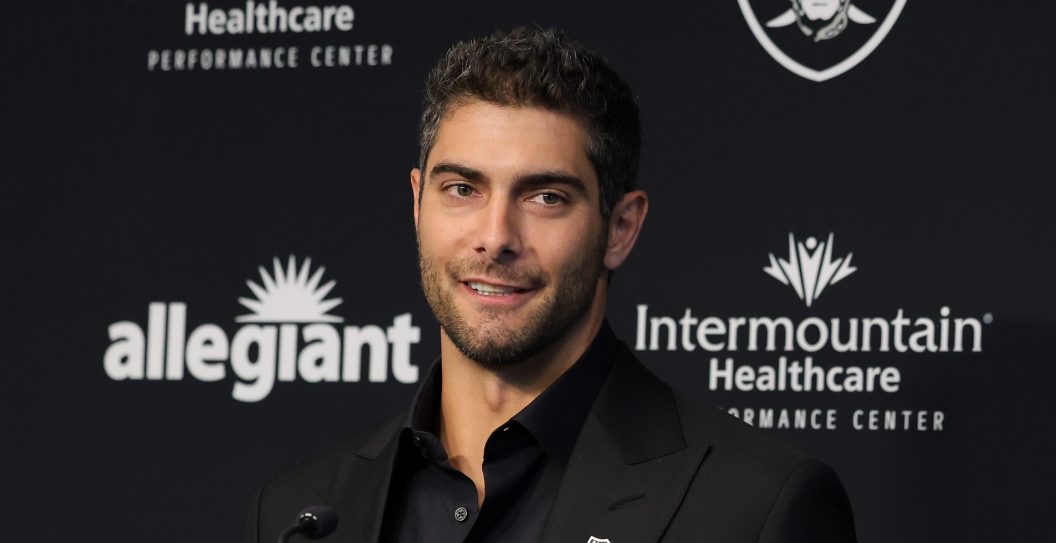 HENDERSON, NEVADA - MARCH 17: Quarterback Jimmy Garoppolo is introduced at the Las Vegas Raiders Headquarters/Intermountain Healthcare Performance Center on March 17, 2023 in Henderson, Nevada.