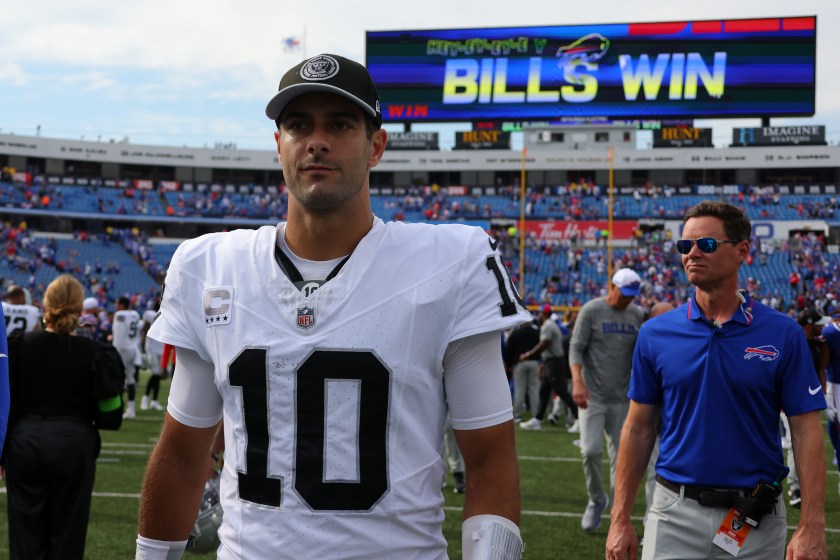 ORCHARD PARK, NEW YORK - SEPTEMBER 17: Jimmy Garoppolo #10 of the Las Vegas Raiders walks off the field after his team's 38-10 loss against the Buffalo Bills at Highmark Stadium on September 17, 2023 in Orchard Park, New York. 