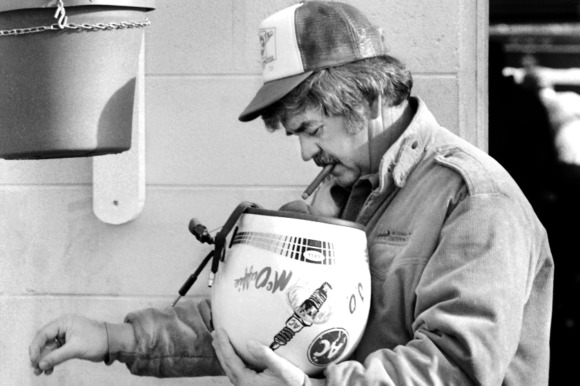 J.D. McDuffie stands in the Daytona International Speedway garage area prior to the start of the 1983 Daytona 500