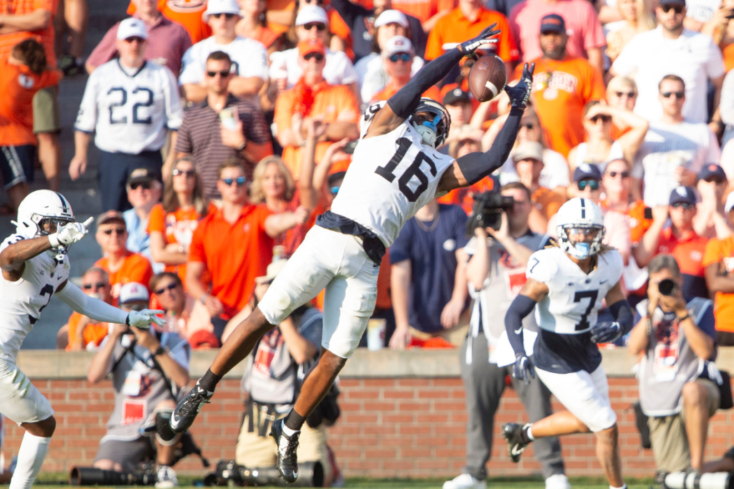 Safety Ji'Ayir Brown #16 of the Penn State Nittany Lions intercepts the ball during the second half of their game against the Auburn Tigers