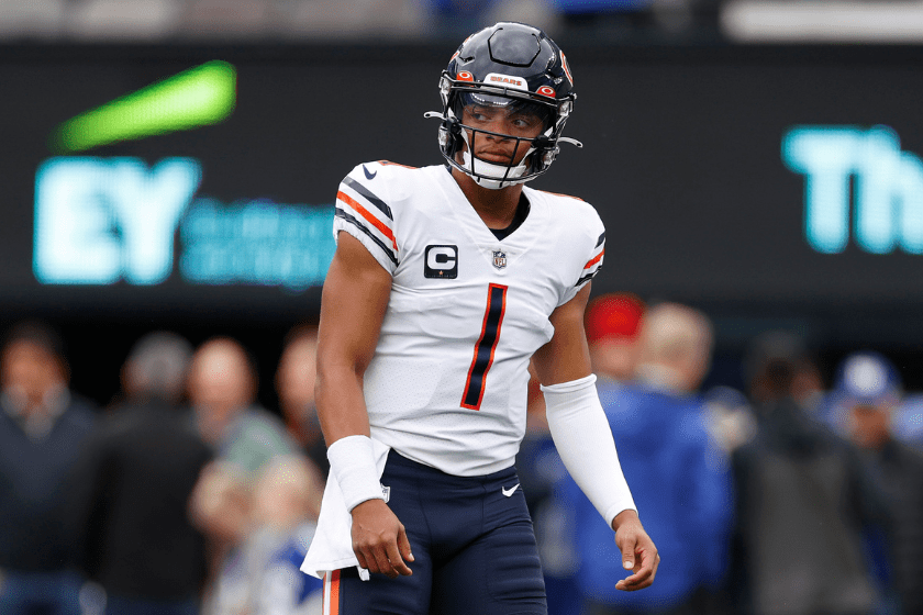 Justin Fields #1 of the Chicago Bears looks on during warmups before the game against the New York Giants