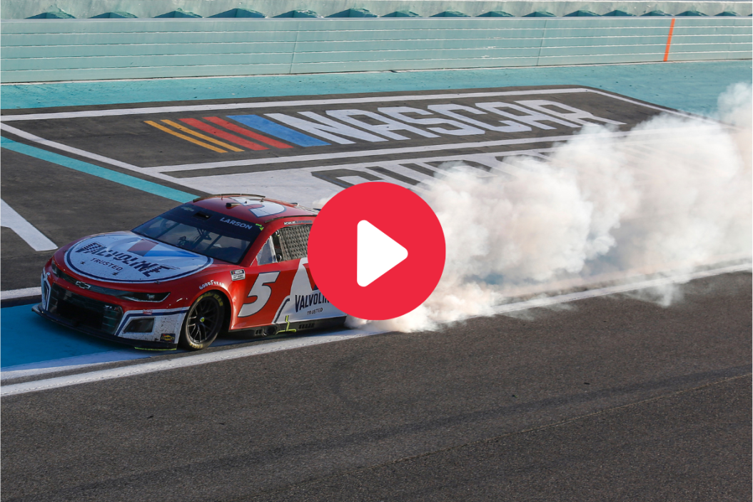 Kyle Larson celebrates with a burnout after winning the 2022 Dixie Vodka 400 at Homestead-Miami Speedway