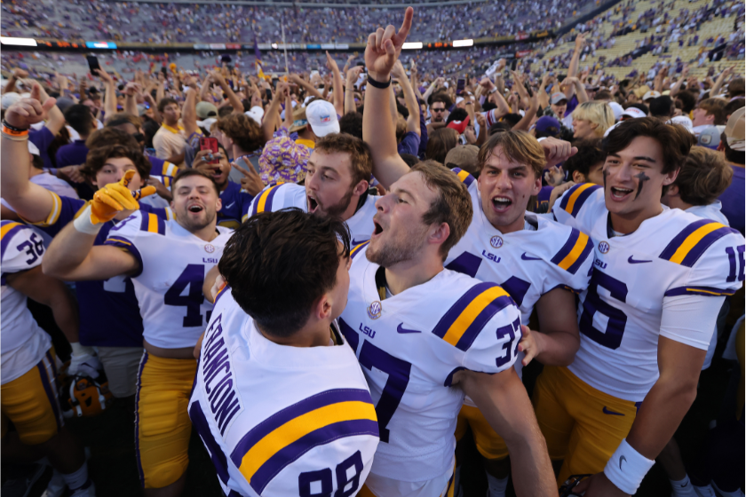 LSU celebrates after beating Ole Miss.