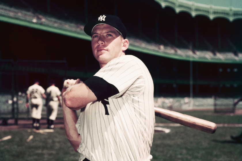 Mickey Mantle poses for a photo at Yankee Stadium in 1962.
