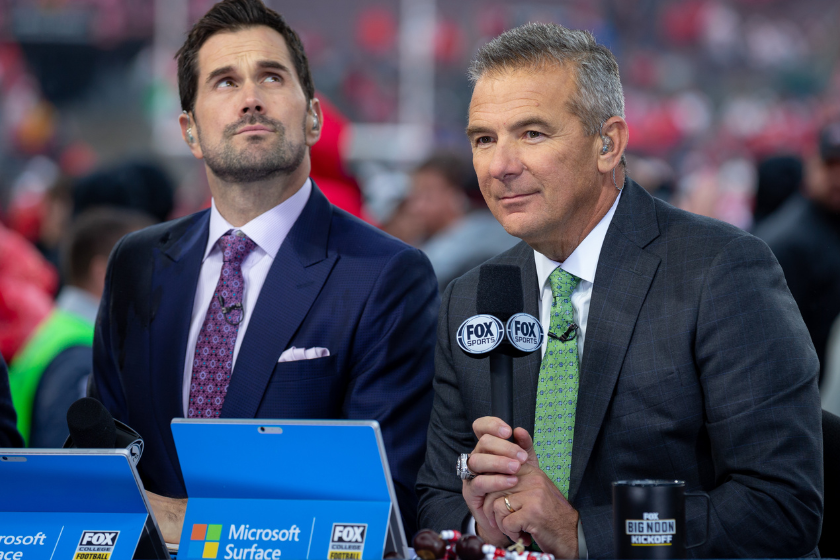 Former Ohio State Buckeyes head coach Urban Meyer is on the set of FOX Big Noon Kickoff before a game between the Ohio State Buckeyes and the Wisconsin Badgers