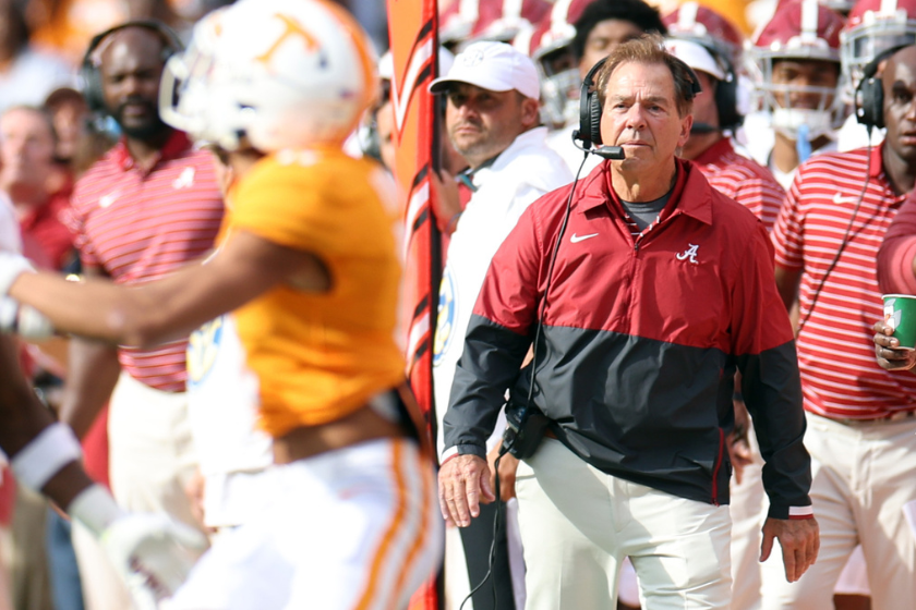 Head coach Nick Saban of the Alabama Crimson Tide looks on during the first quarter of the game against the Tennessee Volunteers at Neyland Stadium