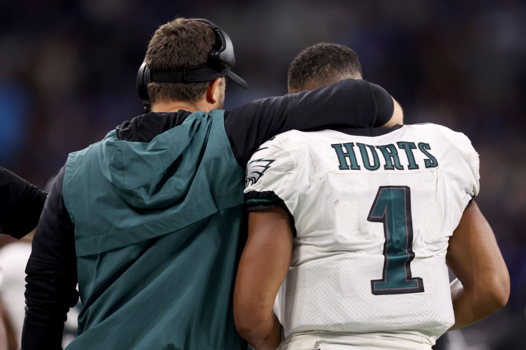 Head coach Nick Sirianni and Jalen Hurts #1 of the Philadelphia Eagles on the sidelines during the second quarter in the game against the Detroit Lions at Ford Field
