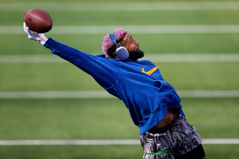 Odell Beckham Jr. #3 of the Los Angeles Rams warms up before Super Bowl LVI against the Cincinnati Bengals