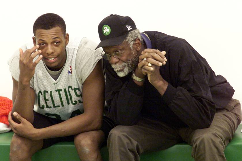 Boston Celtics' Paul Pierce, left, and Celtics legend Bill Russell are pictured during practice