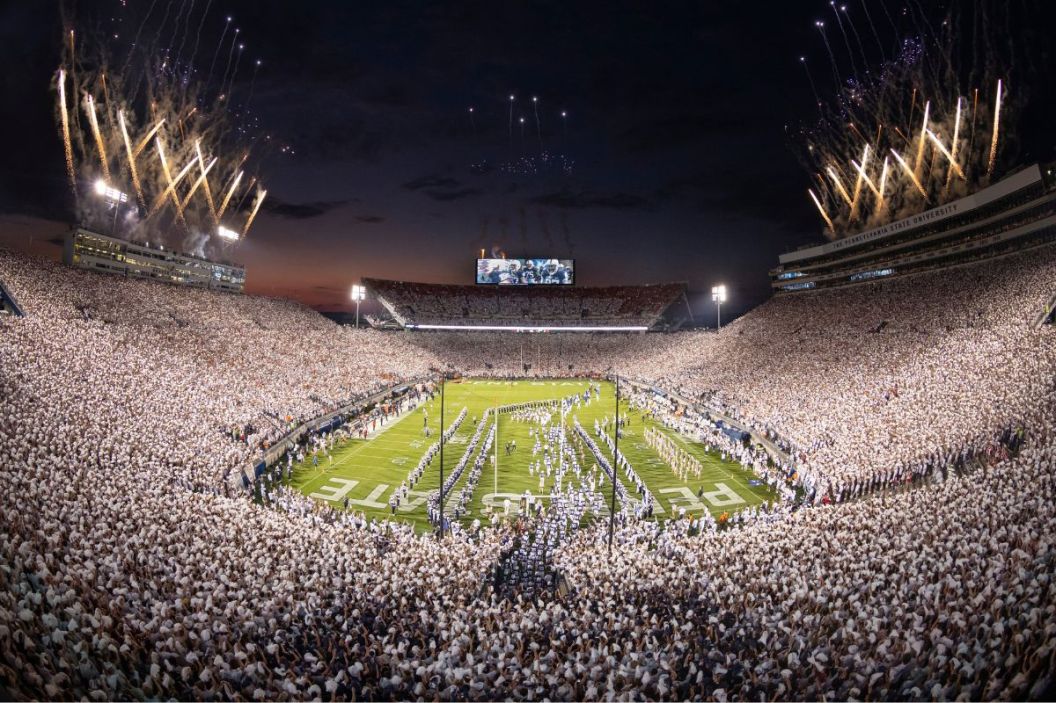 A general view of fireworks as the Penn State Nittany Lions take the field before the whiteout game against the Auburn Tigers at Beaver Stadium