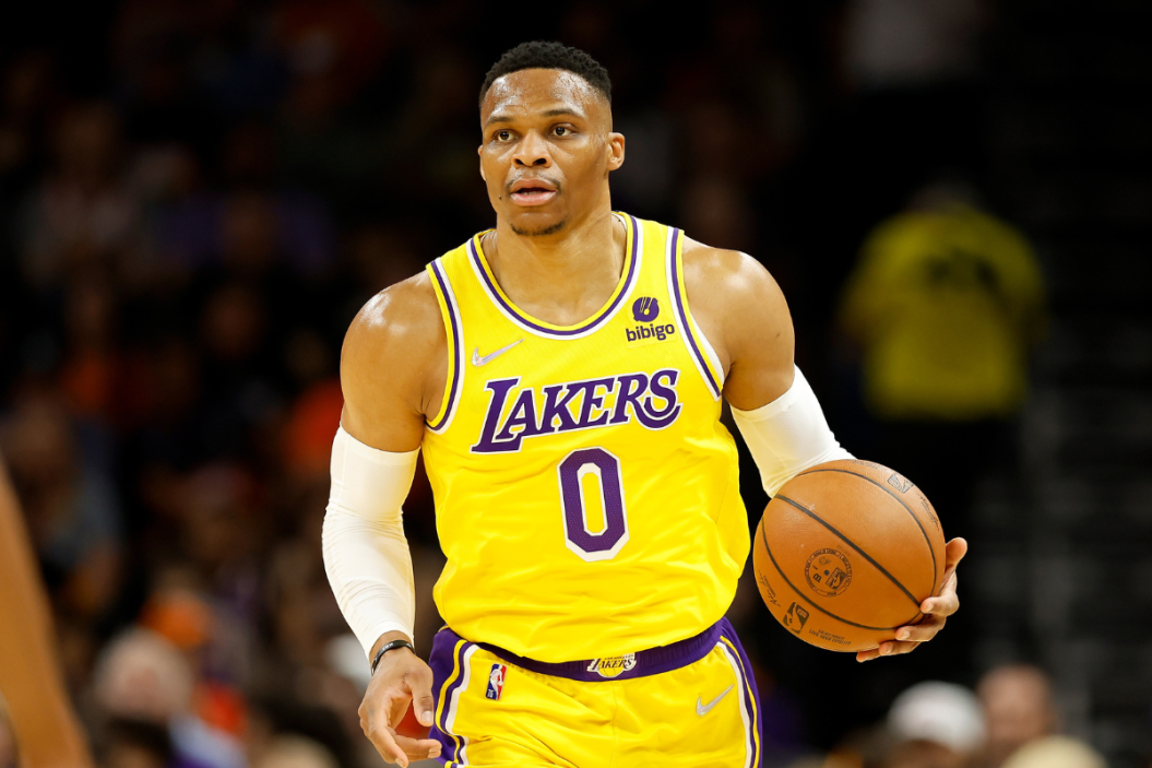 Russell Westbrook #0 of the Los Angeles Lakers handles the ball during the first half of the NBA game at Footprint Center on April 05, 2022 in Phoenix, Arizona.