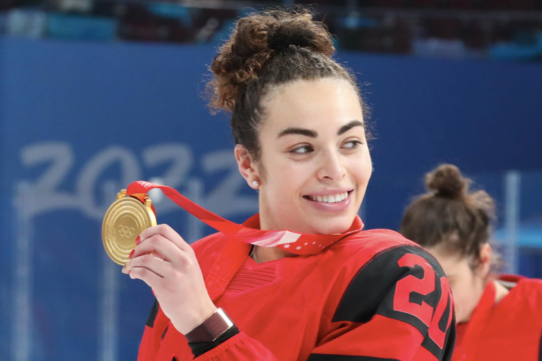 Sarah Nurse #20 of Team Canada celebrates the gold medal after winning the Women's Ice Hockey Gold Medal match between Team Canada and Team United States