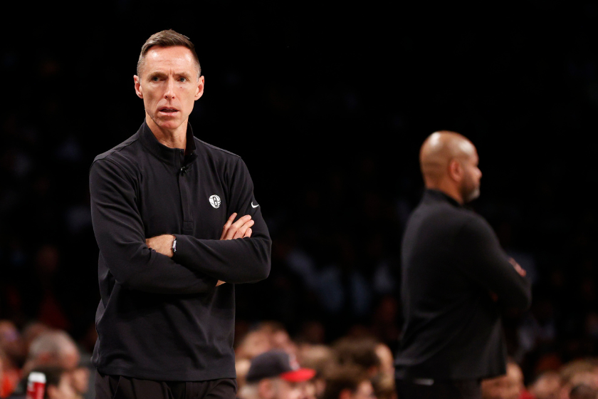 Steve Nash looks on while the Brooklyn Nets play the Cleveland Cavaliers.